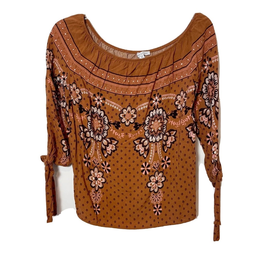 Crescent‎ & Willough Off The Shoulder Blouse Top Womens M Brown 3/4 Tie Sleeve
